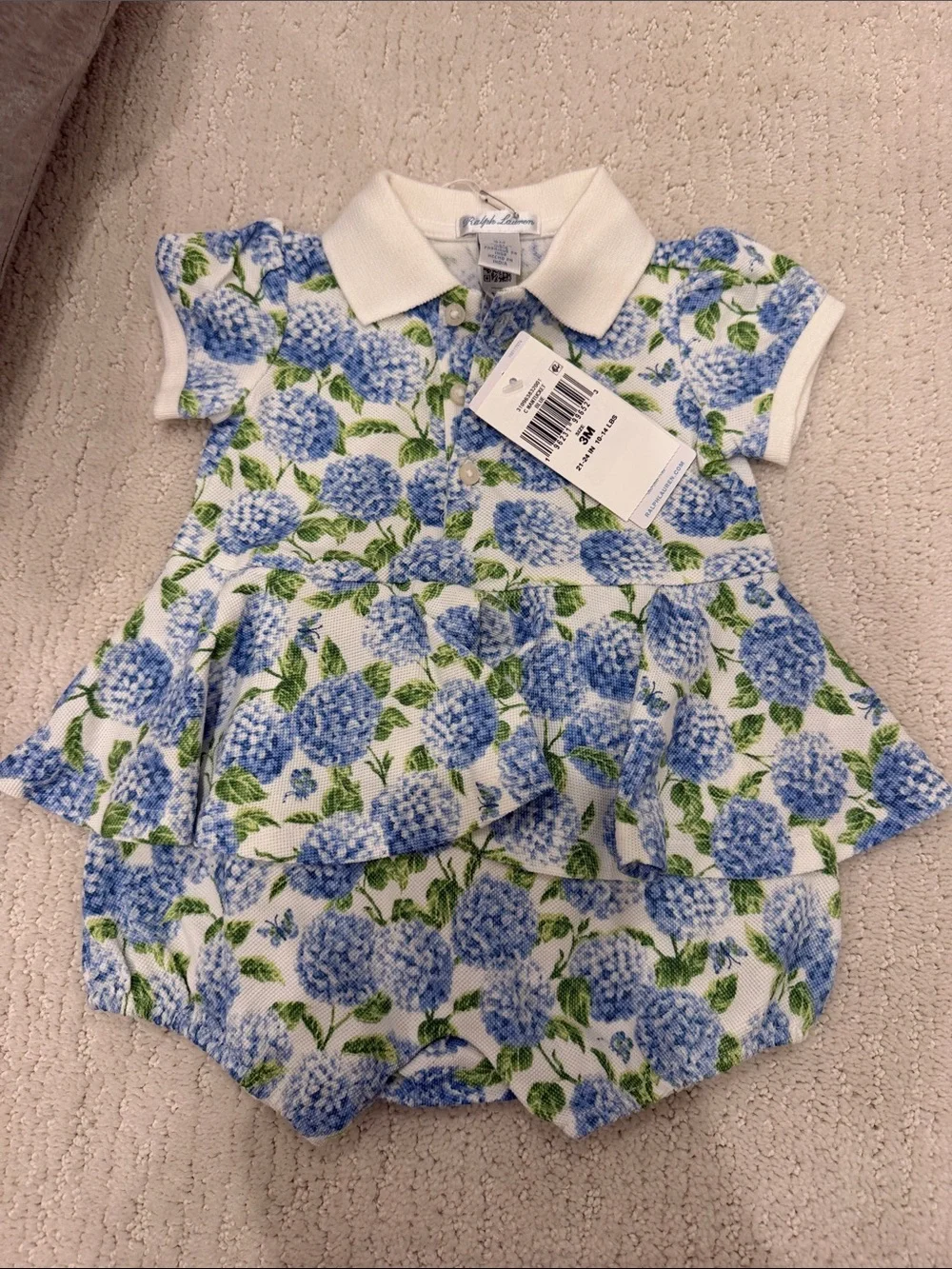 Ralph Lauren White Polo Bubble Romper with Blue Floral Hydrangea Print